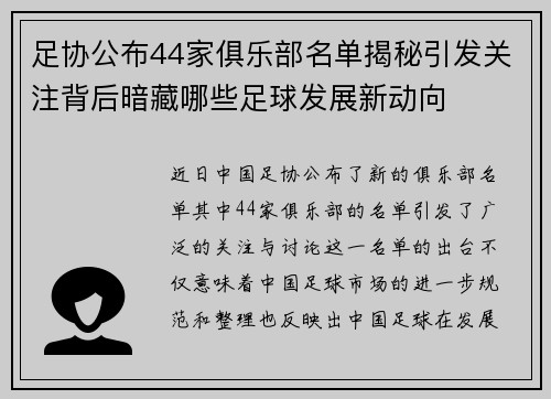 足协公布44家俱乐部名单揭秘引发关注背后暗藏哪些足球发展新动向